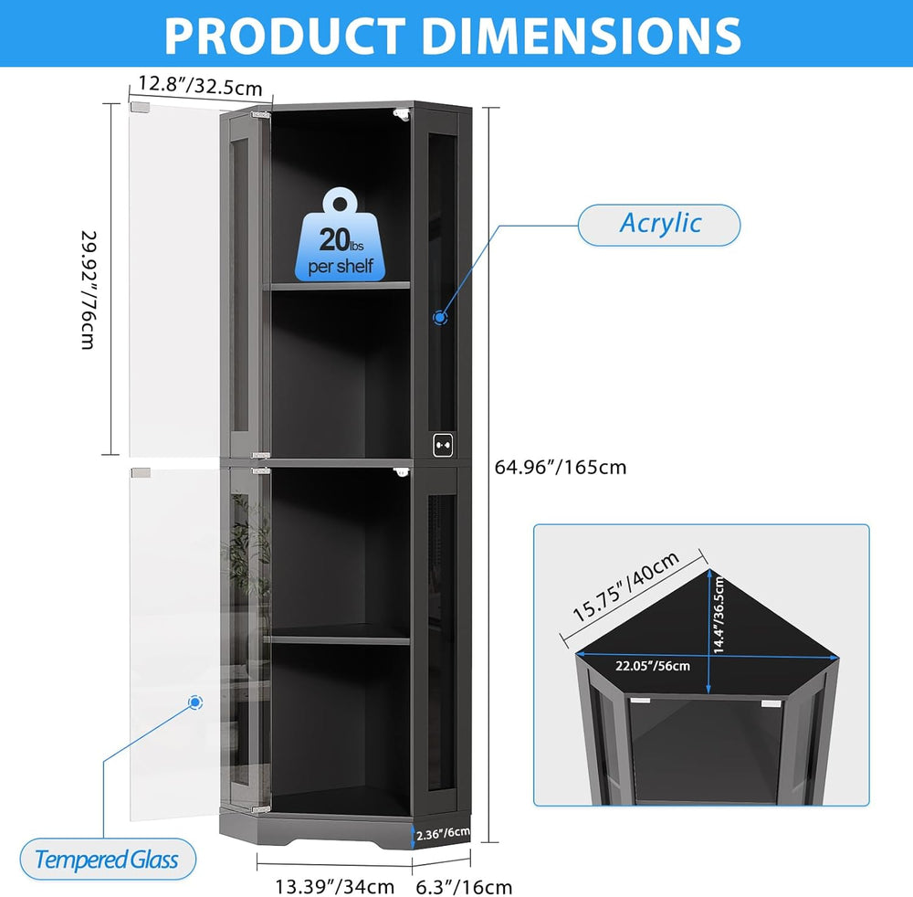 BROTTAR 65" Corner Glass Display Cabinet with LED Lights, 4-Tier Showcas...