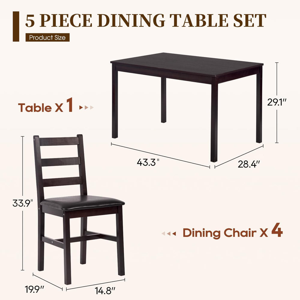 FDW | 5-Piece Solid Wood Dining Table Set for 4 | Brown | Space-Saving Design...