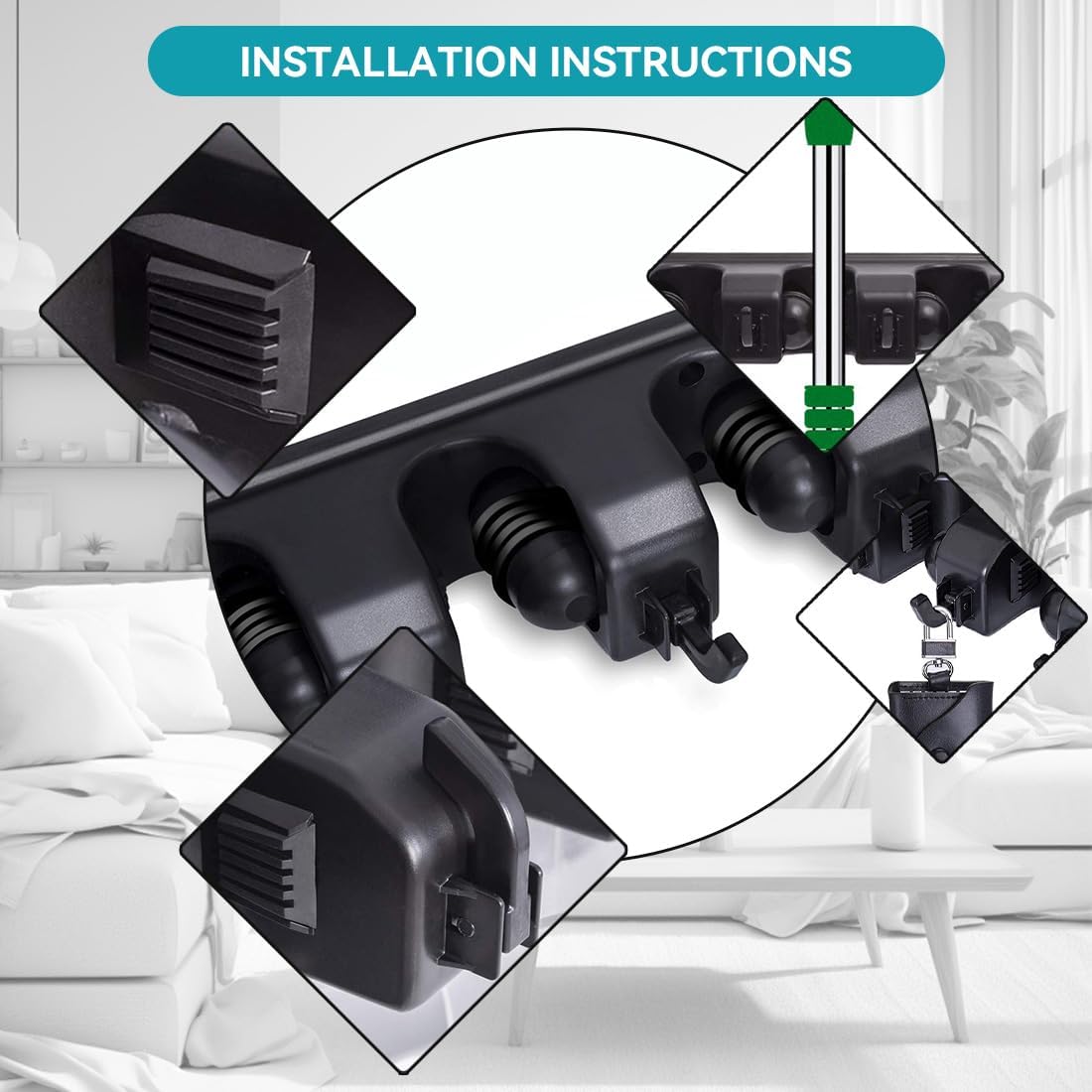 Broom Holder Wall Mount, 2 Packs Heavy Duty Cleaning Supplies Organizer, Garden Tool & Utility Closet with Hook, Mop & Broom Hook Wall Mounted for Bathroom, Garage, Kitchen, Laundry (Black-2pcs)
