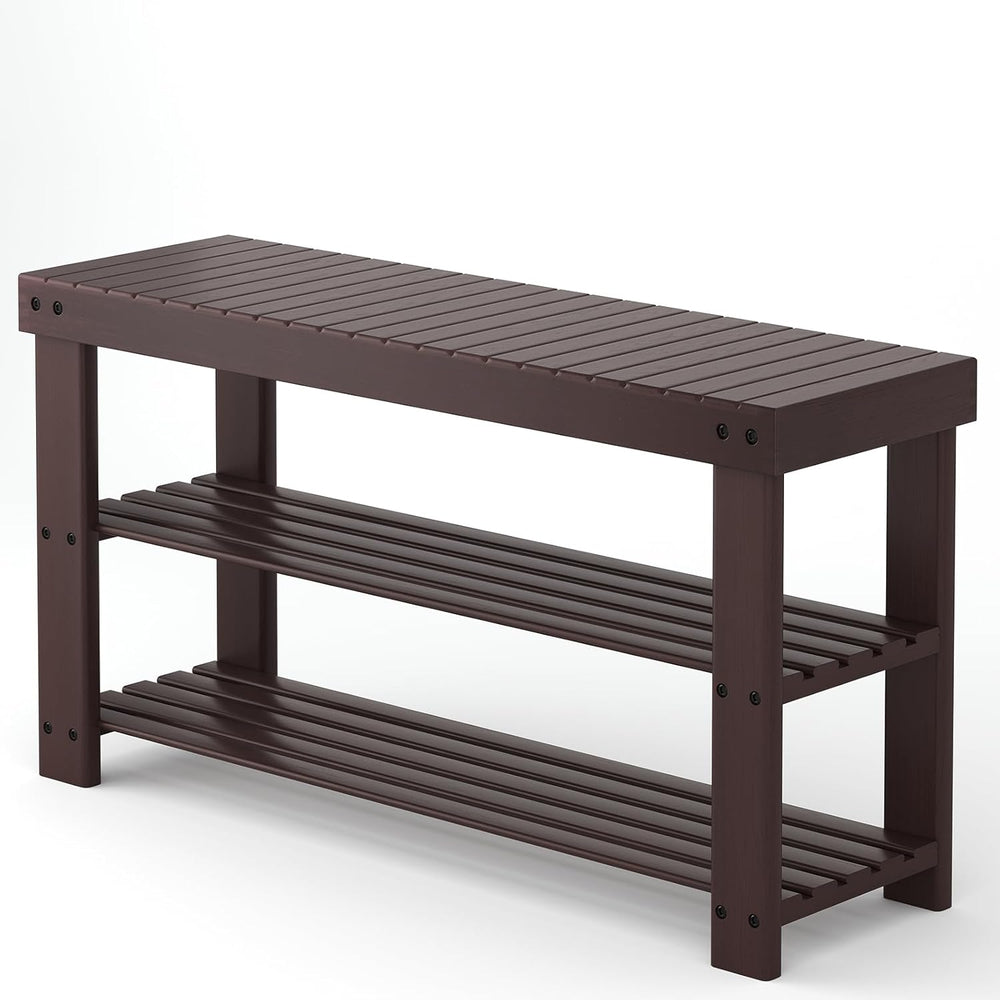 NEWBULIG Shoe Rack Bench, 3-Tier Bamboo Shoe Organizer, Wooden Entryway Stora...