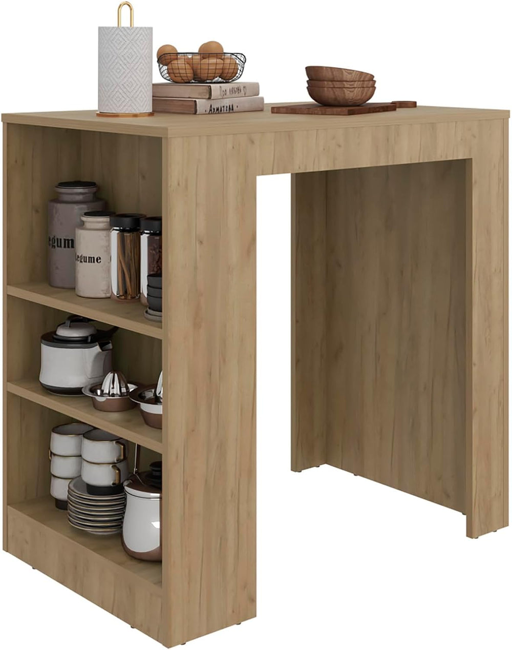 Kitchen Island with Dining Surface and Storage Shelves | Three side shelves f...