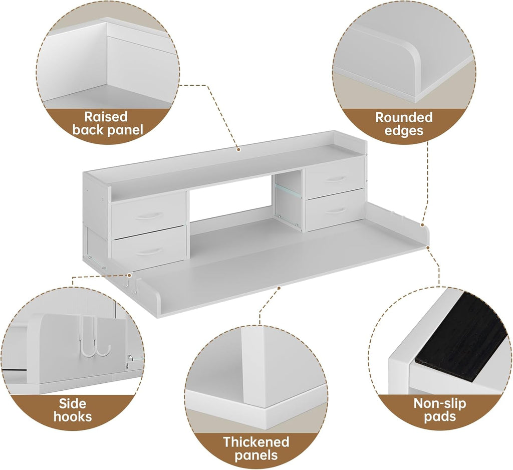 4 Drawers Washer Dryer Countertop with Shelf, 27.5" D x 54" W Laundry Topper with 3.54" High Guardrails and Non-Slip Pads,Extra Storage Organizer for Over Washer and Dryer, Holds 66 Lbs,White