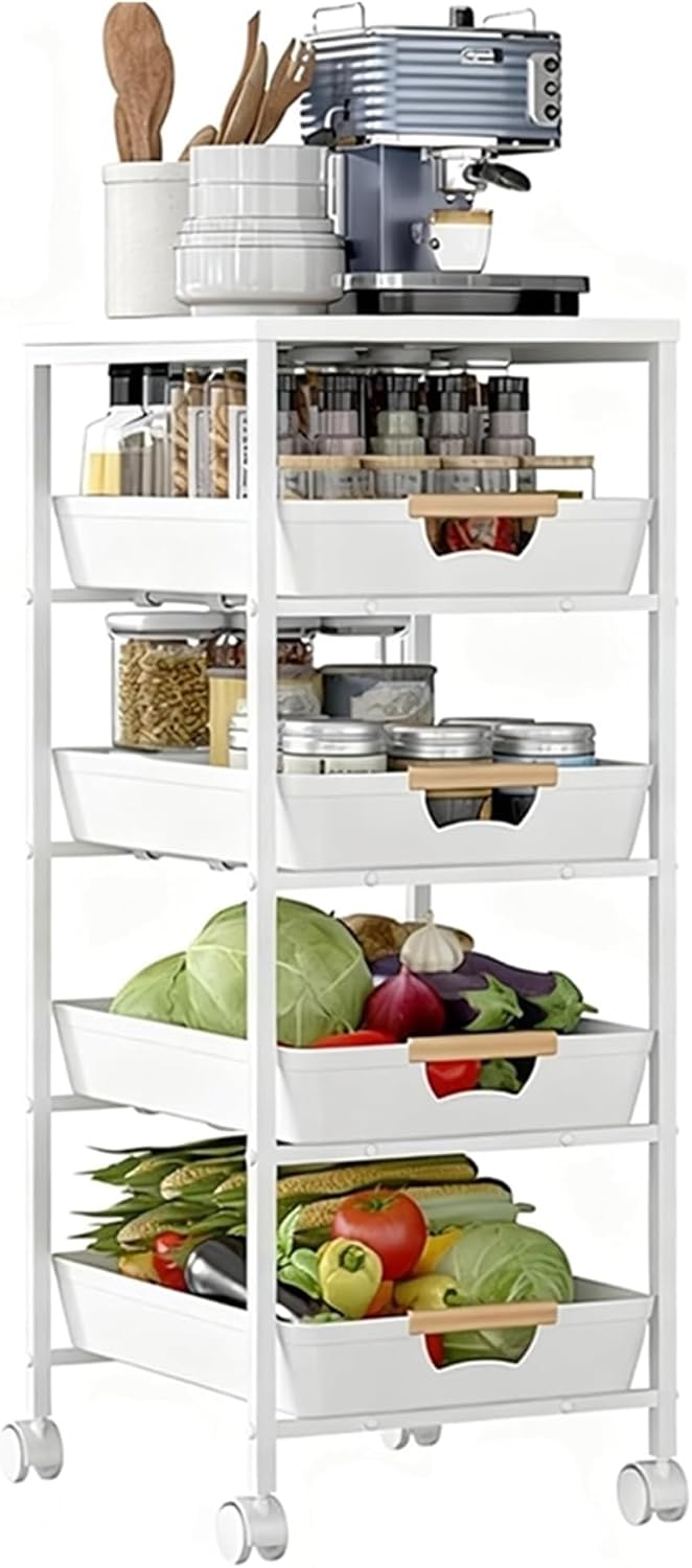 5-Tier Rolling Utility Cart with Wooden Top & Drawers, Metal Frame Storage Organizer with Wheels for Kitchen, Bathroom, Living Room, Office