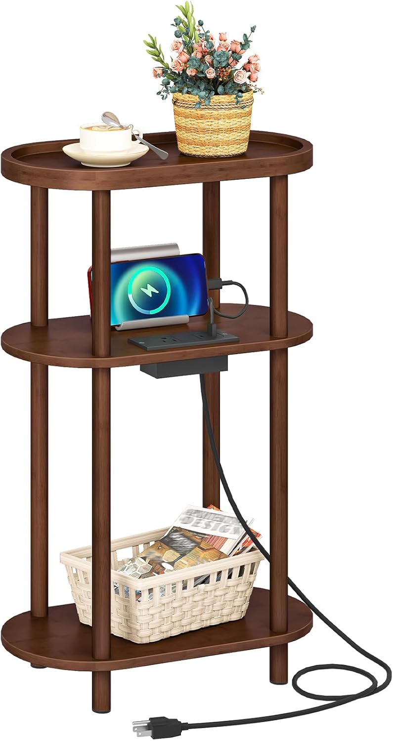 HOOBRO Small Narrow Side Table with Charging Station, 3-Tier Bamboo Narrow En...