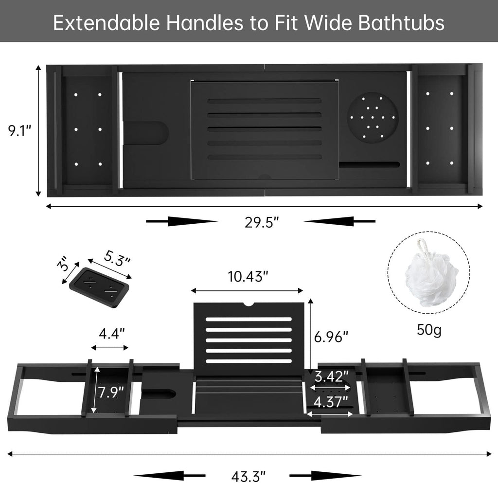Bamboo Bathtub Tray for Luxury Bathroom, Expandable Premium Bath Tray w/Soap Towel Book Holder, Adjustable Bath Accessories for Tub,Extendable Tub Tray with Wine Glass Cup Organizer 29.5"-43.3" Black