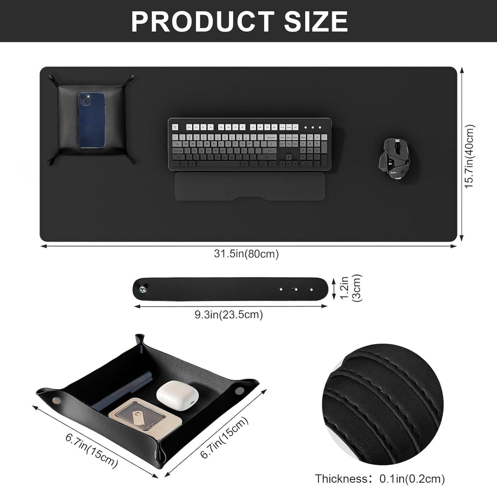 DAWNTREES Dual Sided Desk Mat,Leather Desk Pad,Black Cork Desk Mat Protector,with PU Leather Valet Tray Organizer,Large Mouse Pad,Desk Writing Pad for Office and Home(31.5"x15.8")