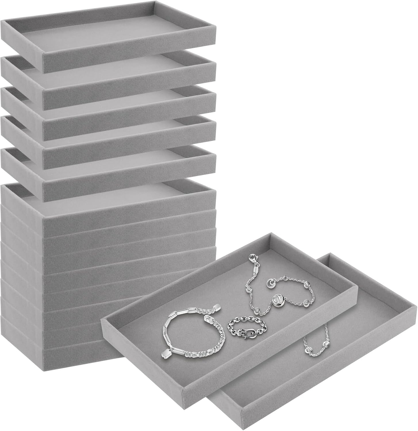 JEUIHAU 15 Pack Velvet Jewelry Organizer Trays, 8.3 x 5 Inch Stackable Drawer Inserts, Jewelry Storage Trays for Earrings Rings Necklaces, Gray