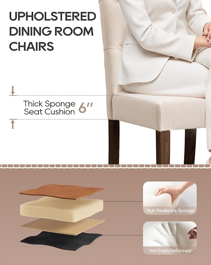 Dining Chairs Set of 6, Button Tufted Parsons Upholstered Chairs with Solid Wood Legs, Mordern Fabric Kitchen Chairs for Dining Room, Beige