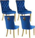 Velvet Dining Chairs Set of 4, Modern Tufted Dining Room Chair, Upholstered Dining Chairs with Lion Head Pulls Ring and Golden Solid Wood Legs, Luxury Kitchen Chairs for Dining Room, Blue