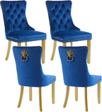 Velvet Dining Chairs Set of 4, Modern Tufted Dining Room Chair, Upholstered Dining Chairs with Lion Head Pulls Ring and Golden Solid Wood Legs, Luxury Kitchen Chairs for Dining Room, Blue