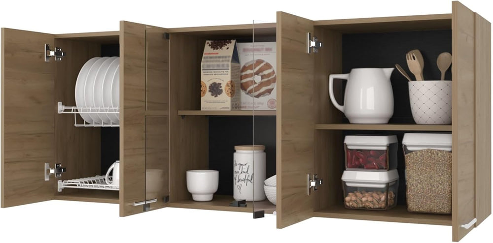 Wall Cabinet Kitchen 4 Doors and Glass Storage, Natural Oak,for Kitchen