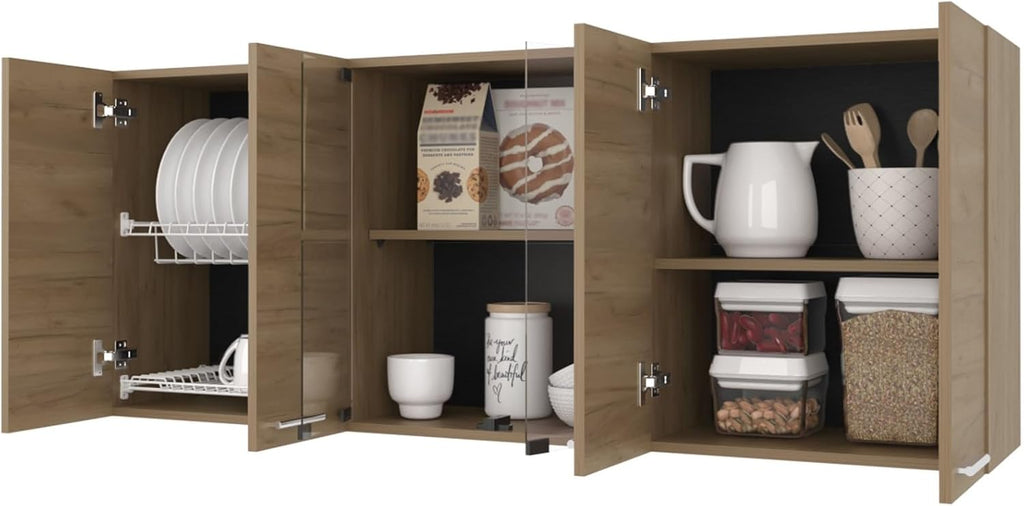 Wall Cabinet Kitchen 4 Doors and Glass Storage, Natural Oak,for Kitchen