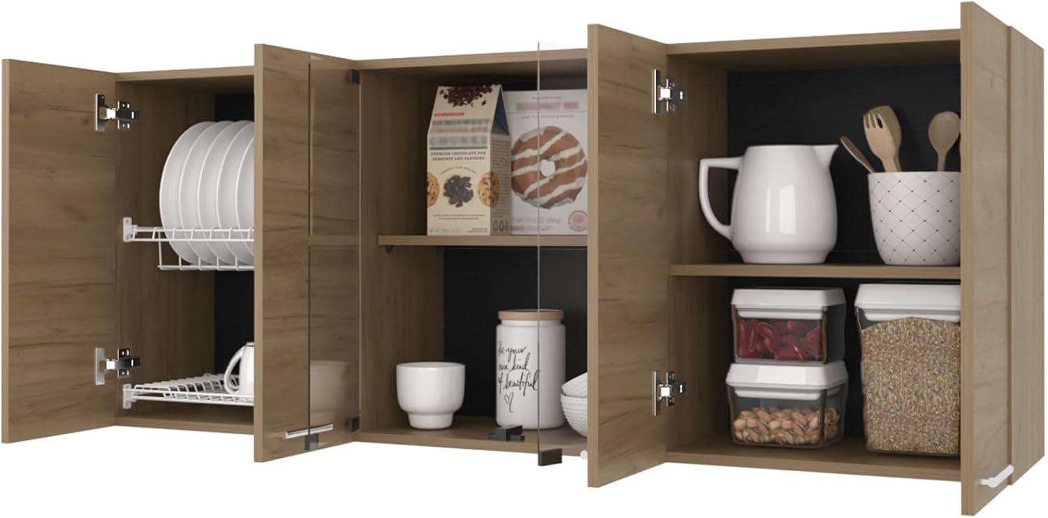 Wall Cabinet Kitchen 4 Doors and Glass Storage, Natural Oak,for Kitchen