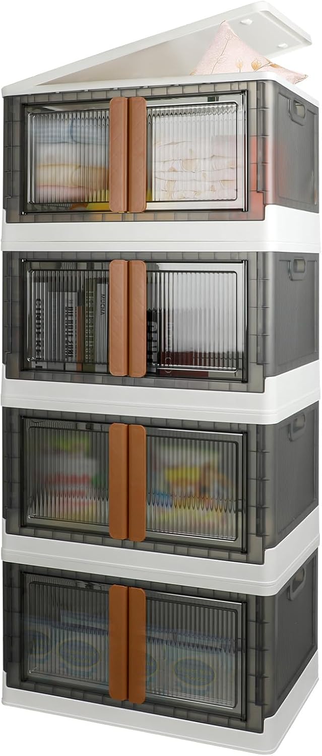 Storage Boxes, Extra Large Cabinet with Lids, 19 Gallon(72L) Capacity (Each One), 4 Packs, Useful Box with Door and Buckles, Foldable, Transparent, Excellent Home Organizers