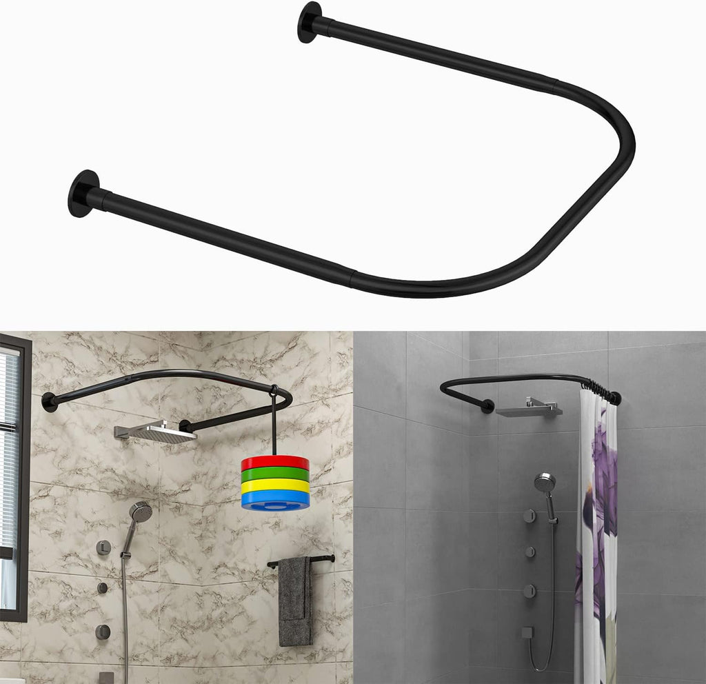 U Shower Curtain Rod Adjustable Stainless Steel U Shaped Rack Drill Free Install for Bathroom, Bathtub, Clothing Store (Black U Shaped, Length on both sides:31.5"-47",Middle width:34.7"-43")