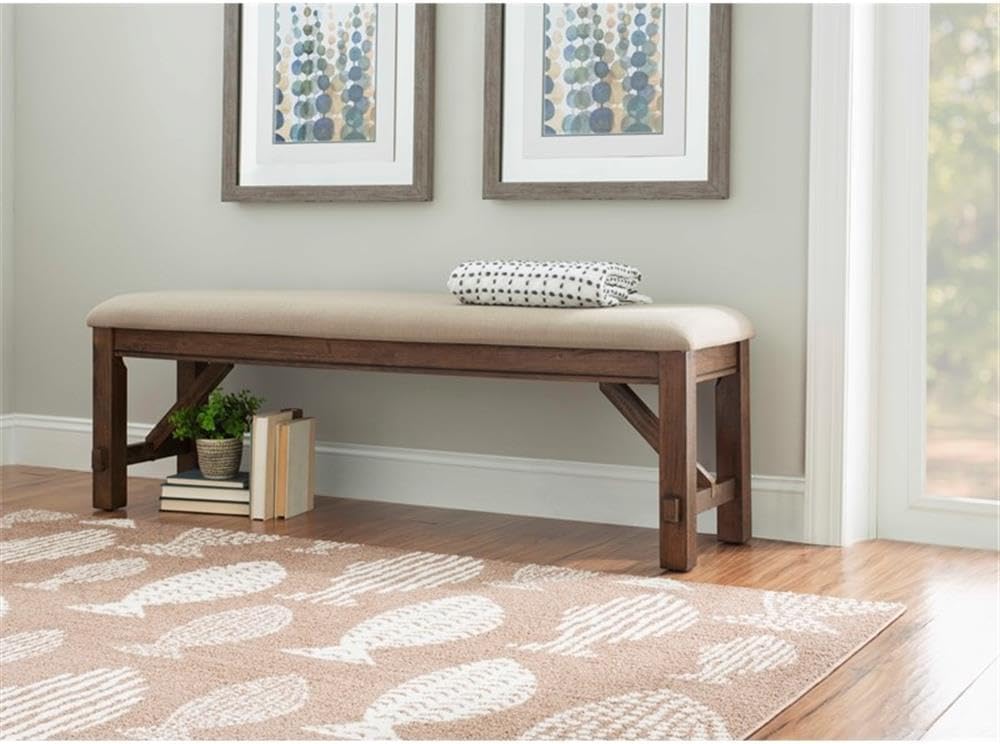 Pemberly Row 60" Wood/Fabric Bench, Rustic Umber Brown Finish, Tan Uphol...