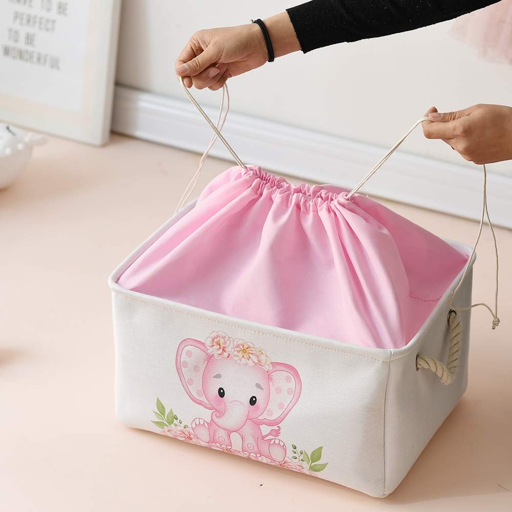 Pink Basket Elephant Storage Bins for Kids, Gift Box for Baby,Collapsible Storage Basket for Toys Clothes,Fabric Laundry Baskets for Baby/Kids/Nursery Room (Medium, Pink Elephant)