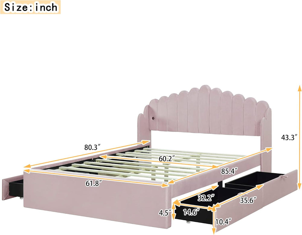 Queen Size Upholstered Platform Bed with 4 Drawers and 2 USB, Storage Platfor...