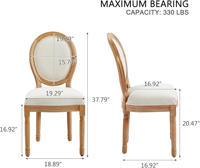 Nrizc French Dining Chairs Set of 6, French Country Dining Chair, Vintage Farmhouse Dining Chairs with Round Back, Solid Wood Beige Fabric Dining Room Chairs, for Kitchen, Bedroom, Dining Room
