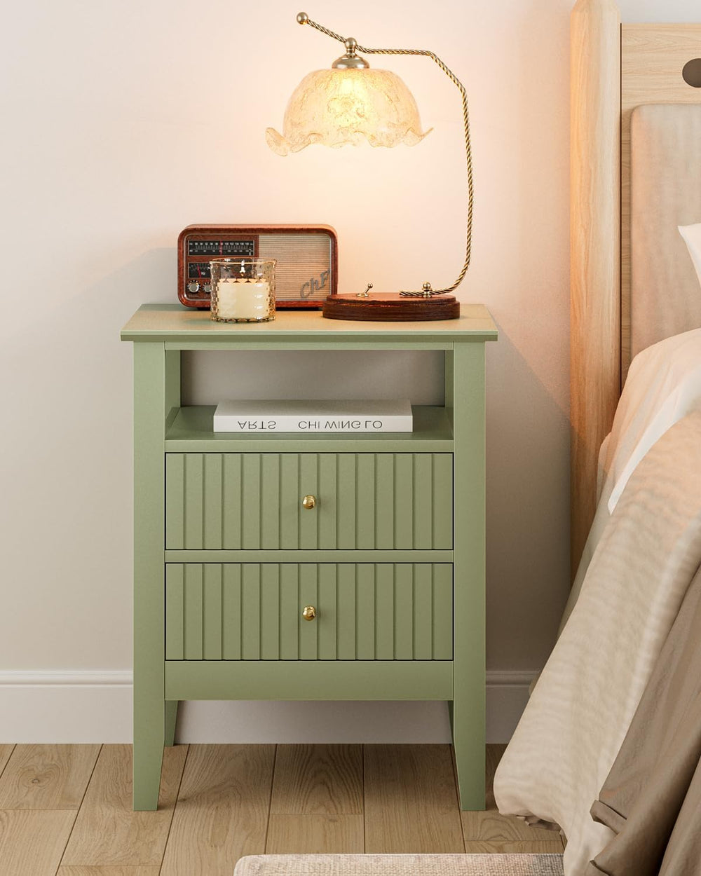 Fluted Nightstand, Farmhouse Night Stand with 2 Drawers, Mid Century Modern S...