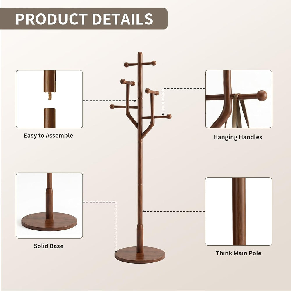 Solid Wood Coat Rack Freestanding Coat Tree Rack with 8 Hooks, Creative Styli...