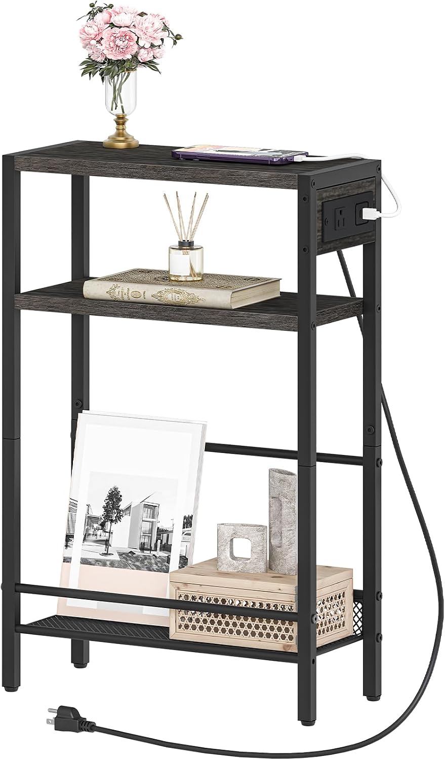 HOOBRO Small Narrow Side Table with Charging Station, Skinny End Table for Sm...