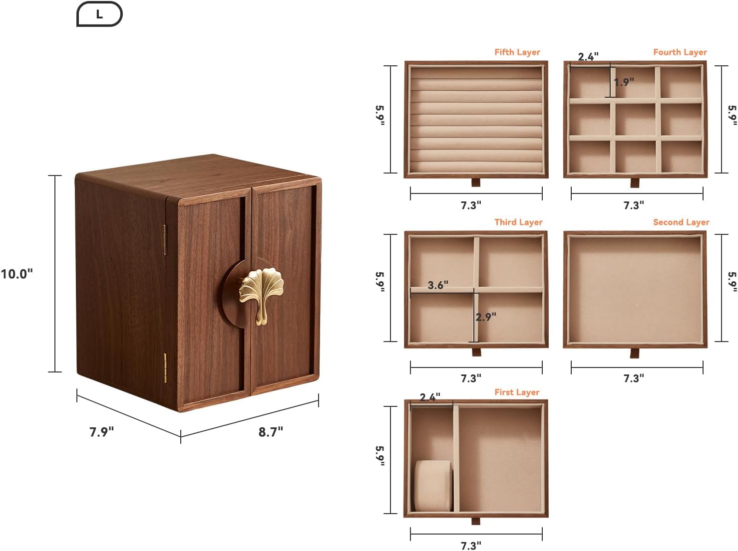 CHOSIN Black Walnut Wooden Jewelry Box 5 Layer Large Wood Jewelry Organizer Brass Handle for Necklaces Rings Earrings Watches Storage Christmas Gifts(7.9x8.7x10.0inches)