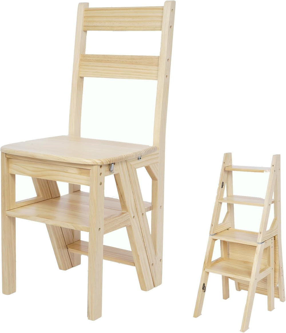 Library Ladder 4 Tier Folding Step Stool Chair 3-in-1 Multi-Functional Wood S...