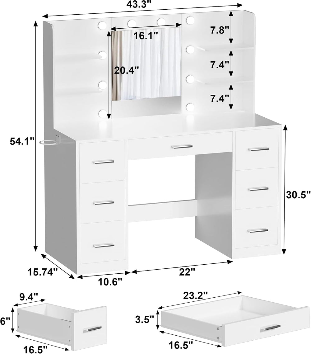Makeup Vanity Desk with Mirror and 10 Lights, Table with 7 Drawers and 4 Open...
