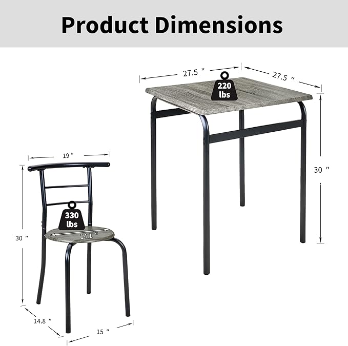 VECELO Dining Table Set for 2, 3-Piece Modern Dinette with Chairs for Small Space, Kitchen, Breakfast Nook, Rustic Grey