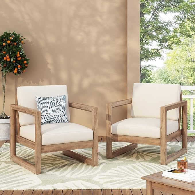 Acacia Wood Patio Club Chair Set of 2 with Water-Resistant Cushions, Outdoor ...
