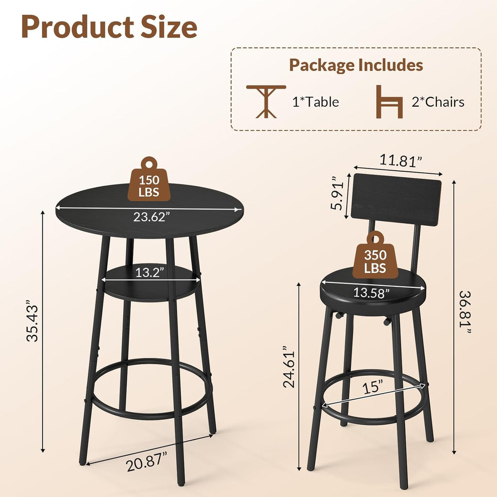 Zevemomo 3 Pieces Bar Table and Chairs Set Pub Table and Chairs for 2-Black | Bistro Table and Chairs Set of 2, Round Bar Table Set with 2 Thickened Cushion Stools & Backrest, Dining Table set for 2