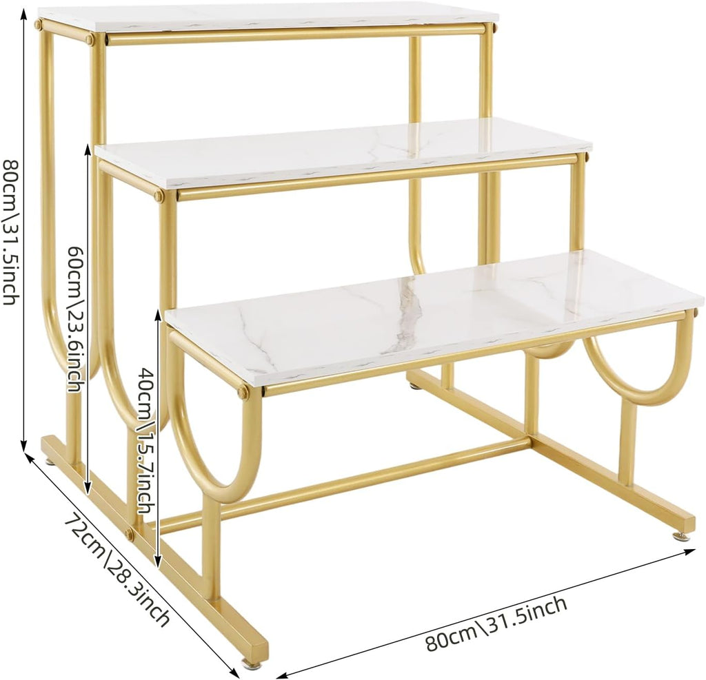Metal Shoe Handbag Display Stand, 3 Tier Heavy Duty Display Riser Shelf, Modern Retail Display Table, Carbon Steel and Solid Wood, Gold