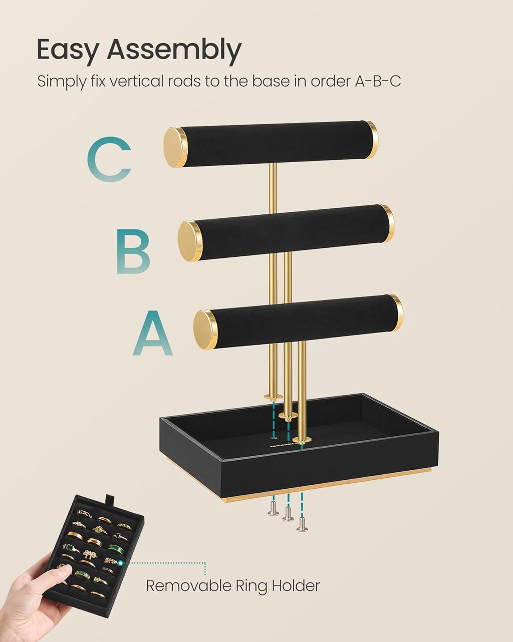 SONGMICS Bracelet Holder Stand, Jewelry Display Stand, Jewelry Organizer, with 3 Tiers and Velvet Tray, Removable Ring Holder, Christmas Gift, Ink Black UJJS027B01