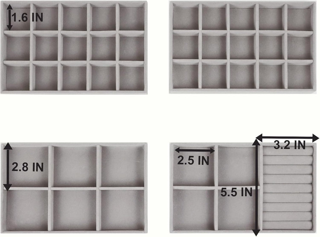 Set of 4 Stackable Jewelry Trays Organizer, Velvet Earring Organizer, Jewelry Organizer Showcase Display Drawer Organizer Storage, Earring Holder Necklace Bracelet Ring Accessary Organizers (Gray)
