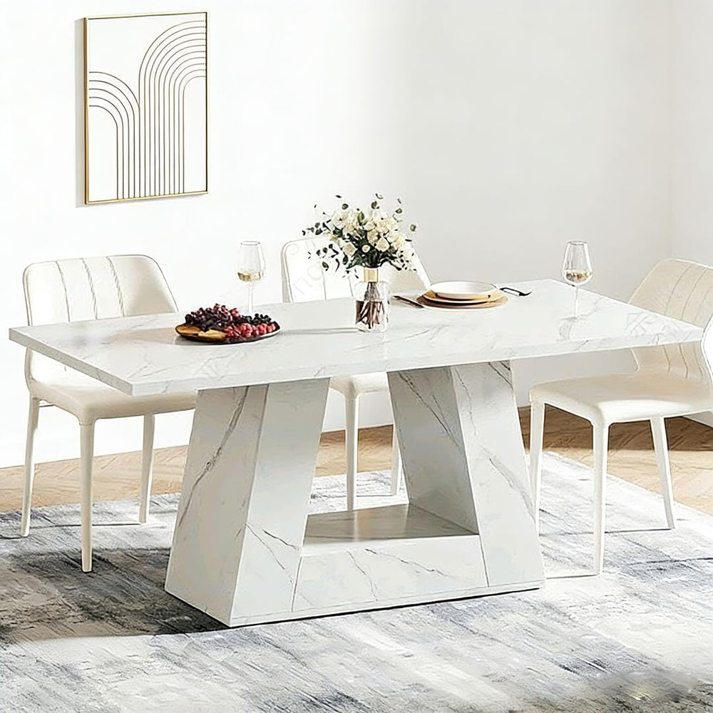 63" White Dining Table for 4-6 People, Modern Faux Marble Wooden Table w...