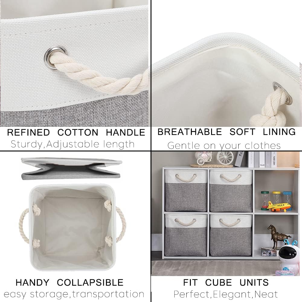 Mangata Fabric Storage Basket, Canvas Cube Storage Boxes 11.8 x 11.8 inch for Cupboards, Shelves, Closet, Grey Whiteï¼ˆ30x30x30cm, 4 Packï¼‰