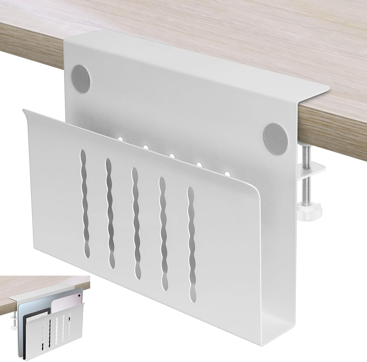 Desk Side Storage, Under Desk Storage, No Drill Steel Hanging Desk Organizer, Laptop Holder, Table Hanging Storages Holder for Office & Home (White)