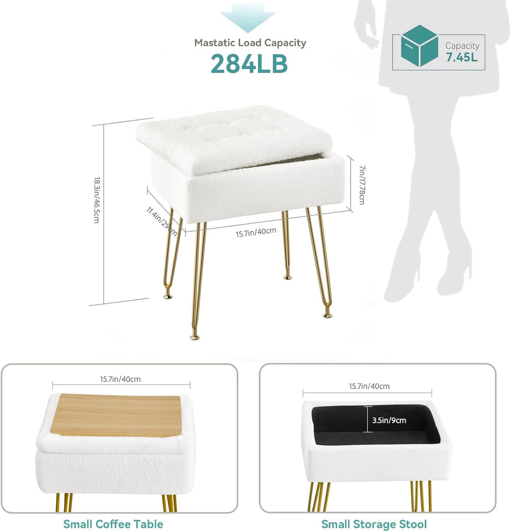 BRIAN & DANY Vanity Stool, Sherpa Vanity Stool Chair with Storage, Rectan...