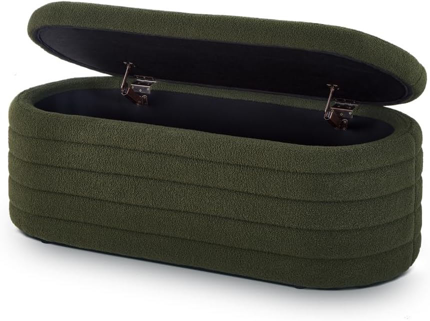 Modern Oval Storage Ottoman Bench, Upholstered Boucle Teddy Fabric End of Bed...