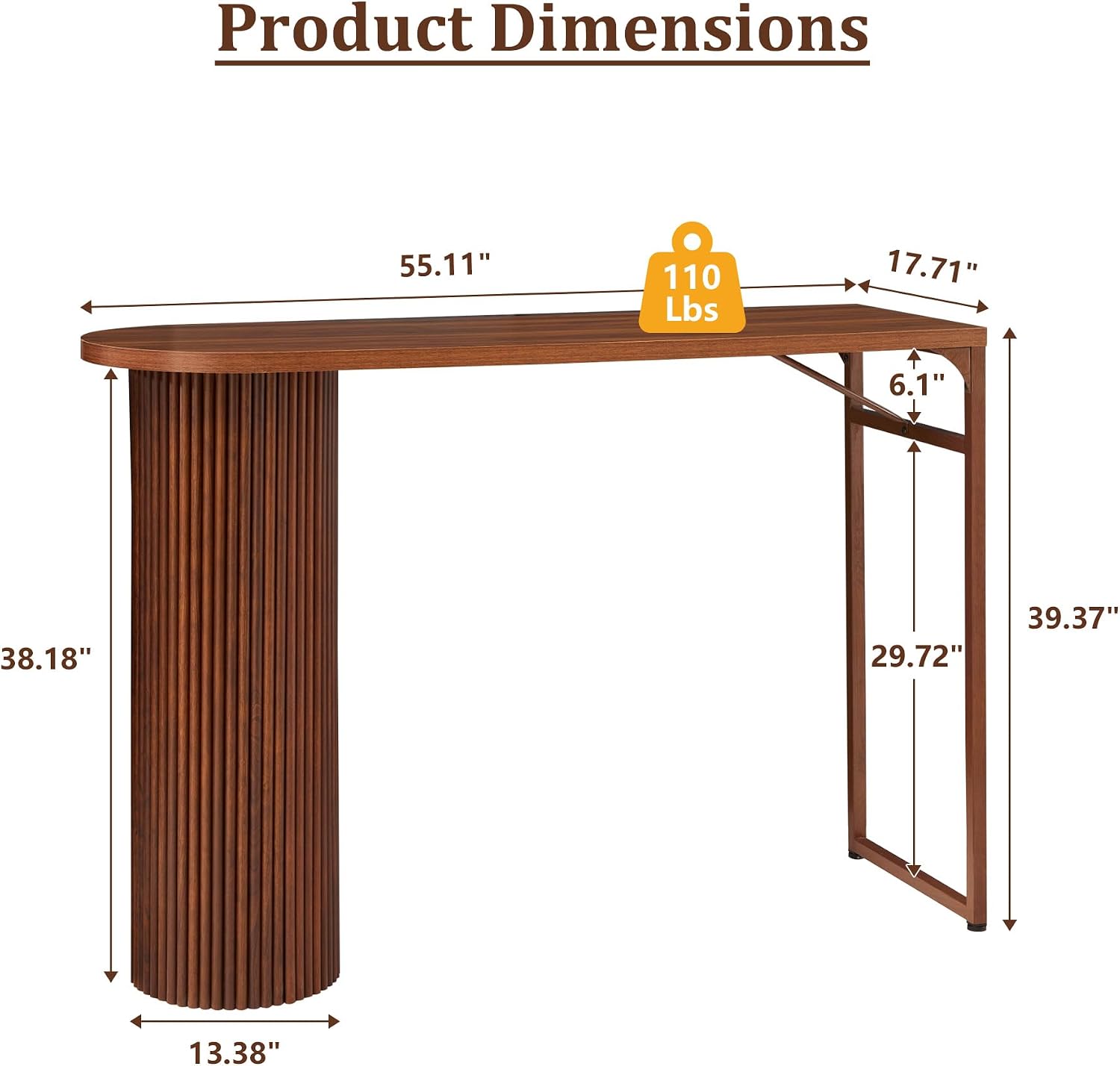 55" Long Bar Table, Fluted Wood Counter Height Pub Table, High Top Kitchen Breakfast Bar Tables with Sturdy Metal Frame, Modern Bar Height Dining Table for Bistro, Dining Room, Living Room
