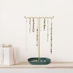 Elegant Jewelry Holder Stand: Metal Tree & Ceramic Tray Organizer for Necklaces, Rings, Earrings - Durable, Rustproof Display Holder Easy to Access Emerald Green