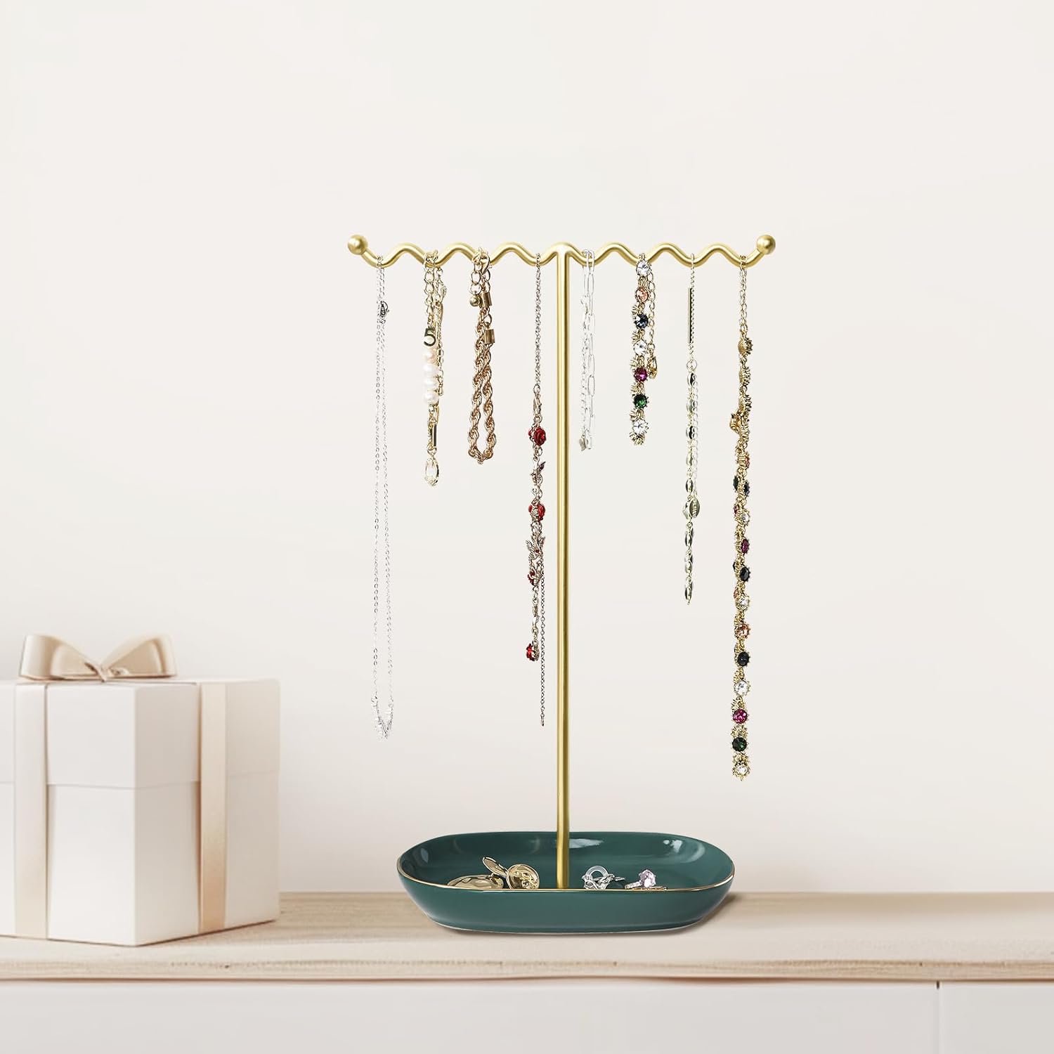 Elegant Jewelry Holder Stand: Metal Tree & Ceramic Tray Organizer for Necklaces, Rings, Earrings - Durable, Rustproof Display Holder Easy to Access Emerald Green