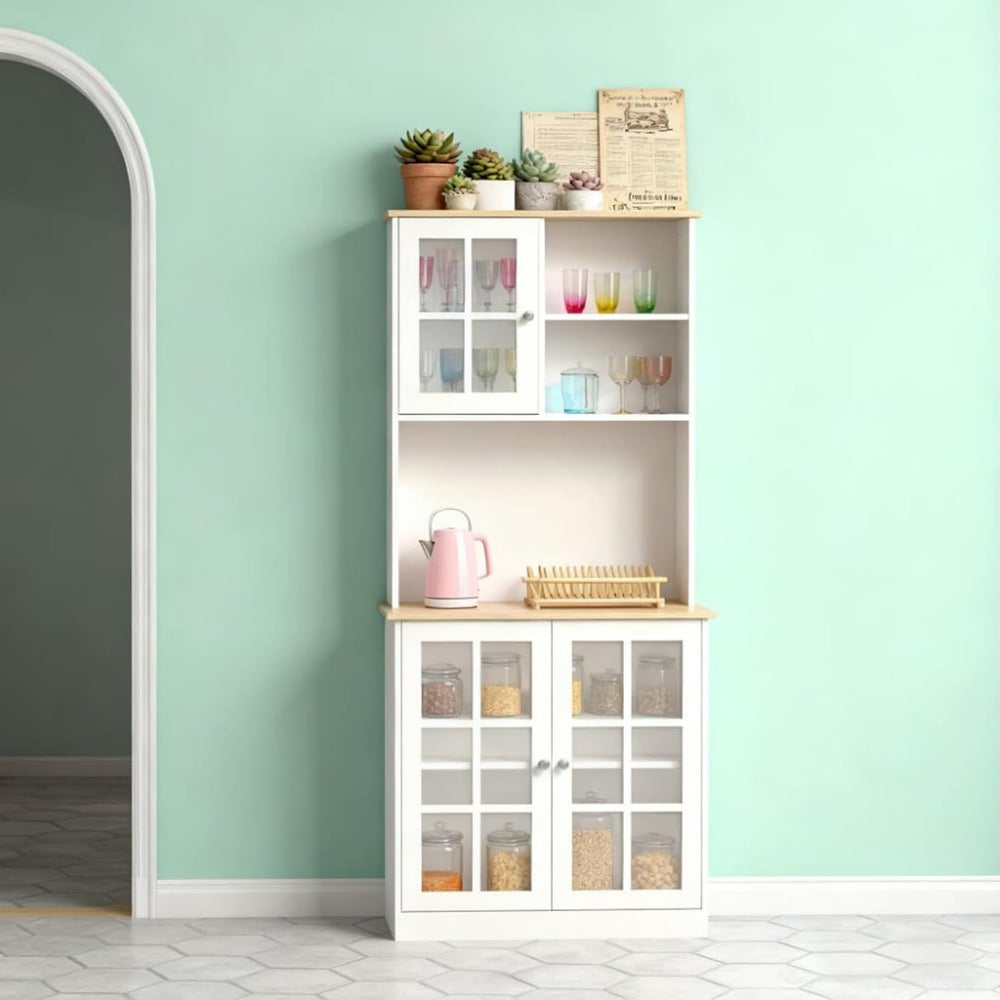 Oak+White Large Countertop Kitchen Pantry Cabinet, Freestanding Storage Cabin...