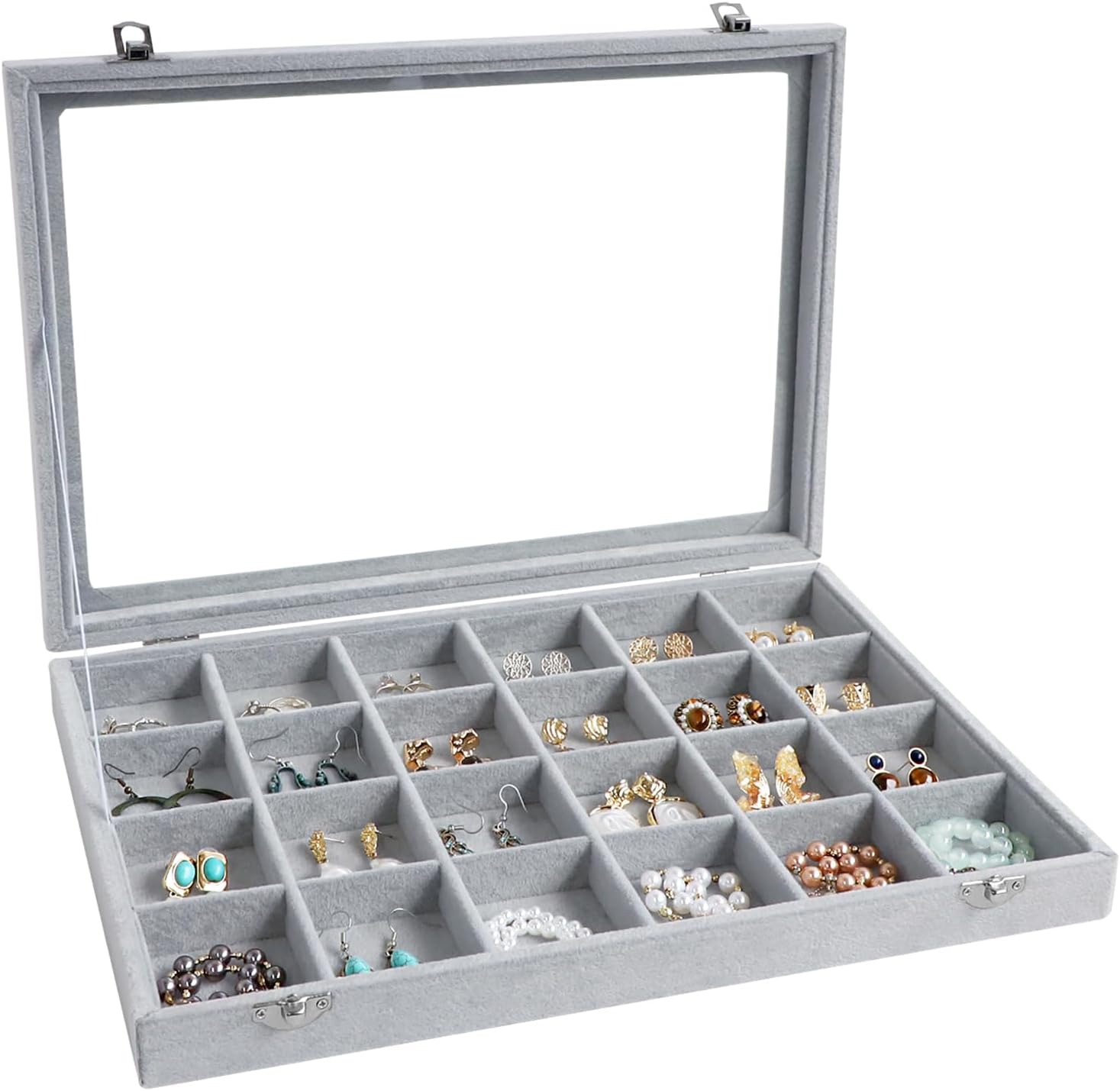 Wudygirl Jewelry Organizer Velvet Jewelry Tray 24 Grid Jewelry Box Earring Holder Organizer Removable Display Case Organizer Glass Top Lid & Lock (24 Grid)