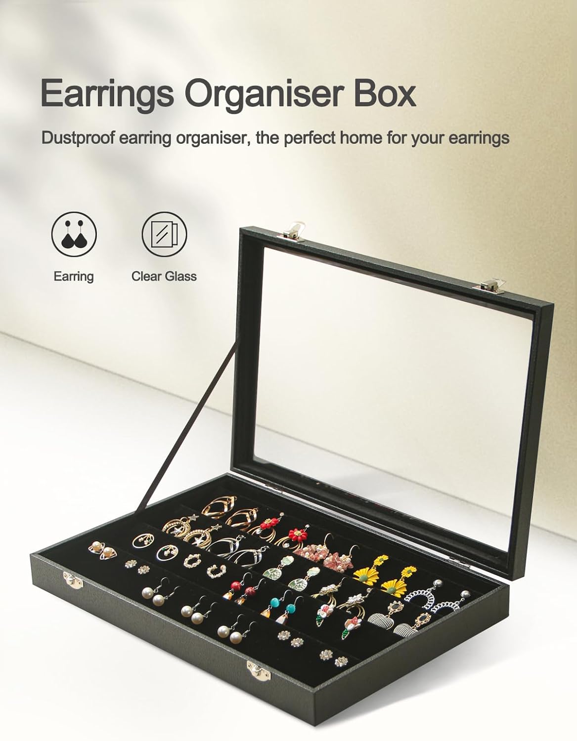Coward Earring Organizer Tray Box, Black Velvet Earring Jewelry Display Storage Tray Case with Transparent Glass Lid for Home Drawer or Shop Selling