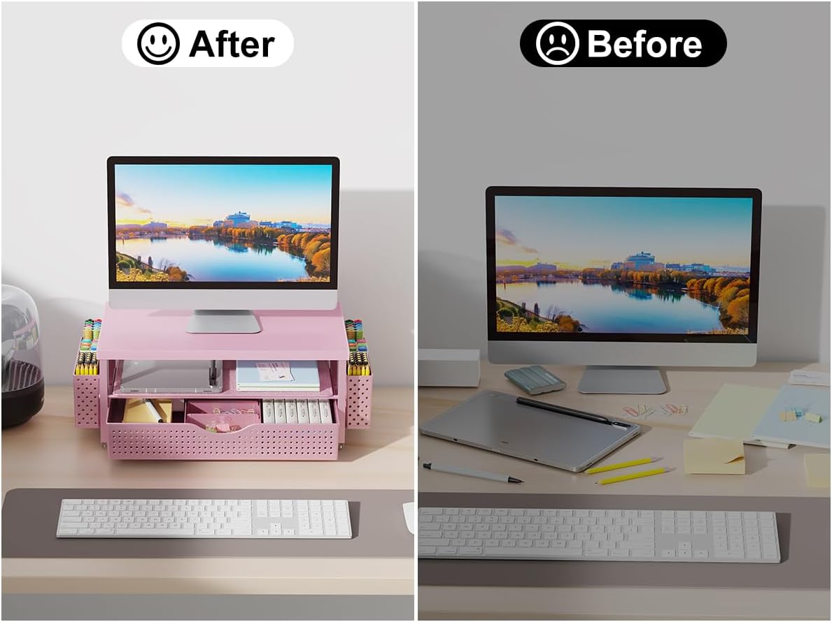 gianotter Wood Monitor Stand Riser, Desk Organizer with Drawer and 2 Pen Holders, 2-Tier Workspace Organizer for Office Supplies(Pink Wood)