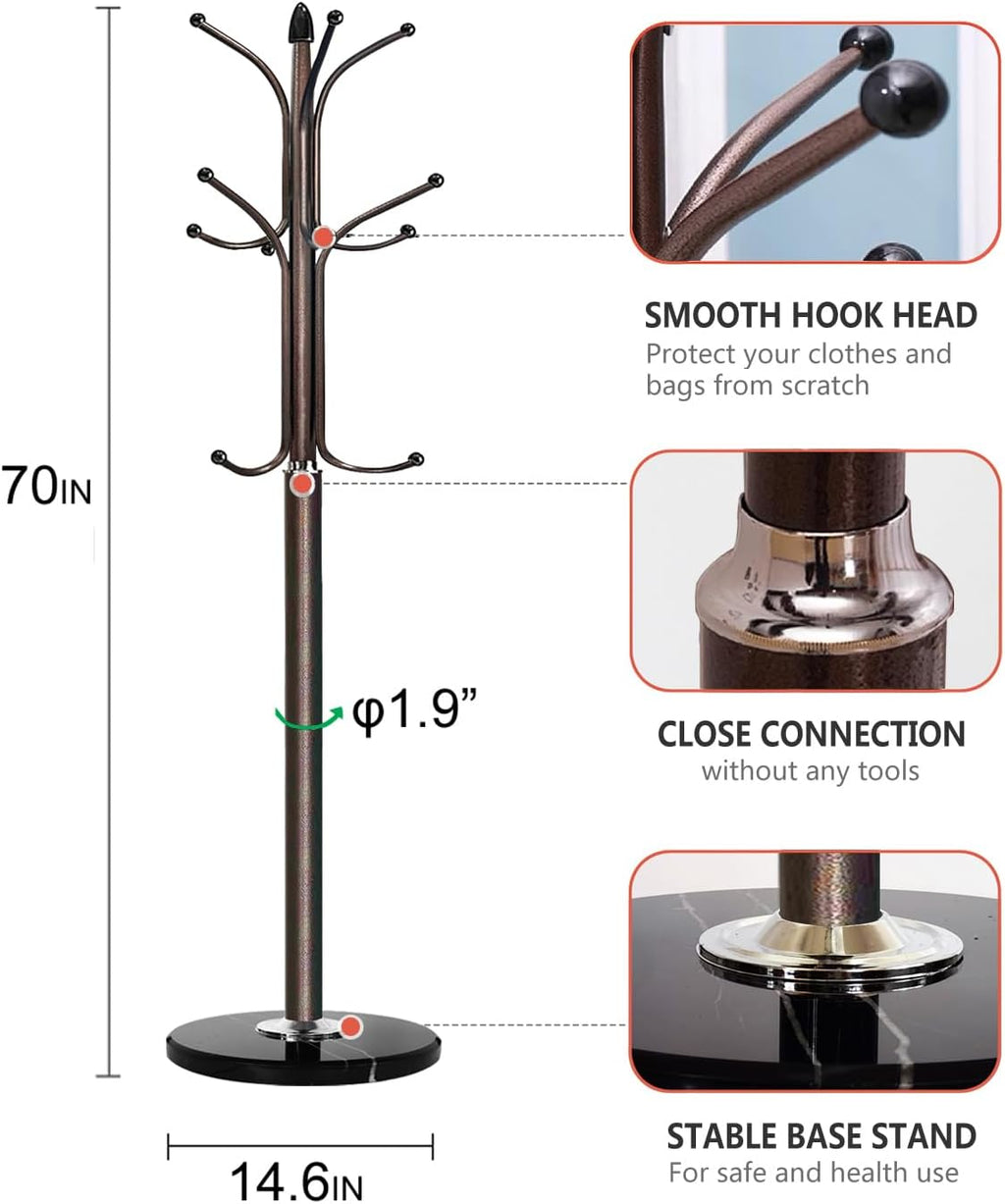 Kertnic Metal Coat Rack Stand with Natural Marble Base, Free Standing Hall Tree with 12 Hooks for Hanging Scarf, Bag, Jacket, Home Entry-way Hat Hanger Organizer (Bronze)