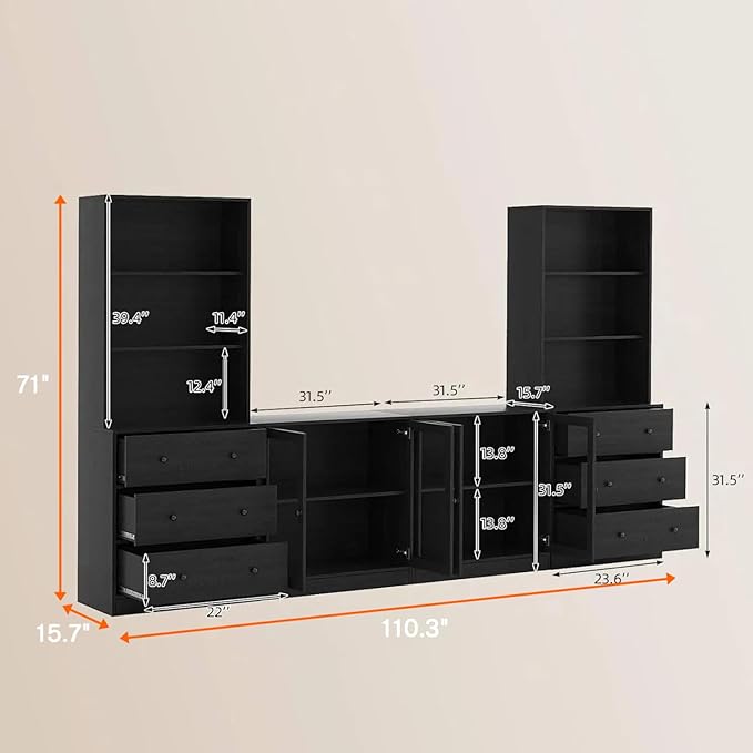 TUSY 71" Large TV Stand Set - TV Entertainment Center for TVs up to 65", Media Center with Tempered Glass Doors and Drawer, TV Hutch with Bookshelves for Living Room (Black, BDDB)