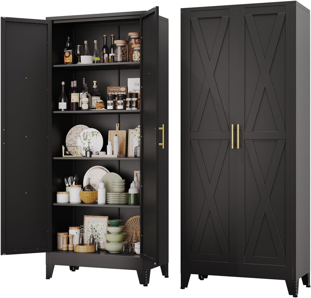 pozdeg 71" Tall Kitchen Pantry Cabinet, Metal Storage Cabinet with 2 Doo...